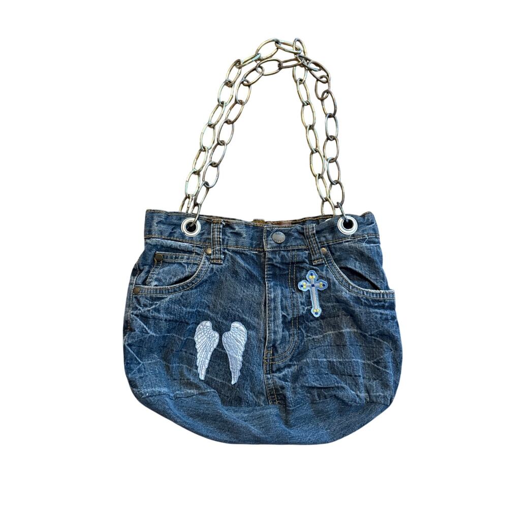 Vintage Y2K Denim Purse Repurposed with Chain Straps and Patches